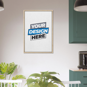 Customizable framed canvas print in a modern kitchen with natural wood frame, perfect for adding personal art to your space.
