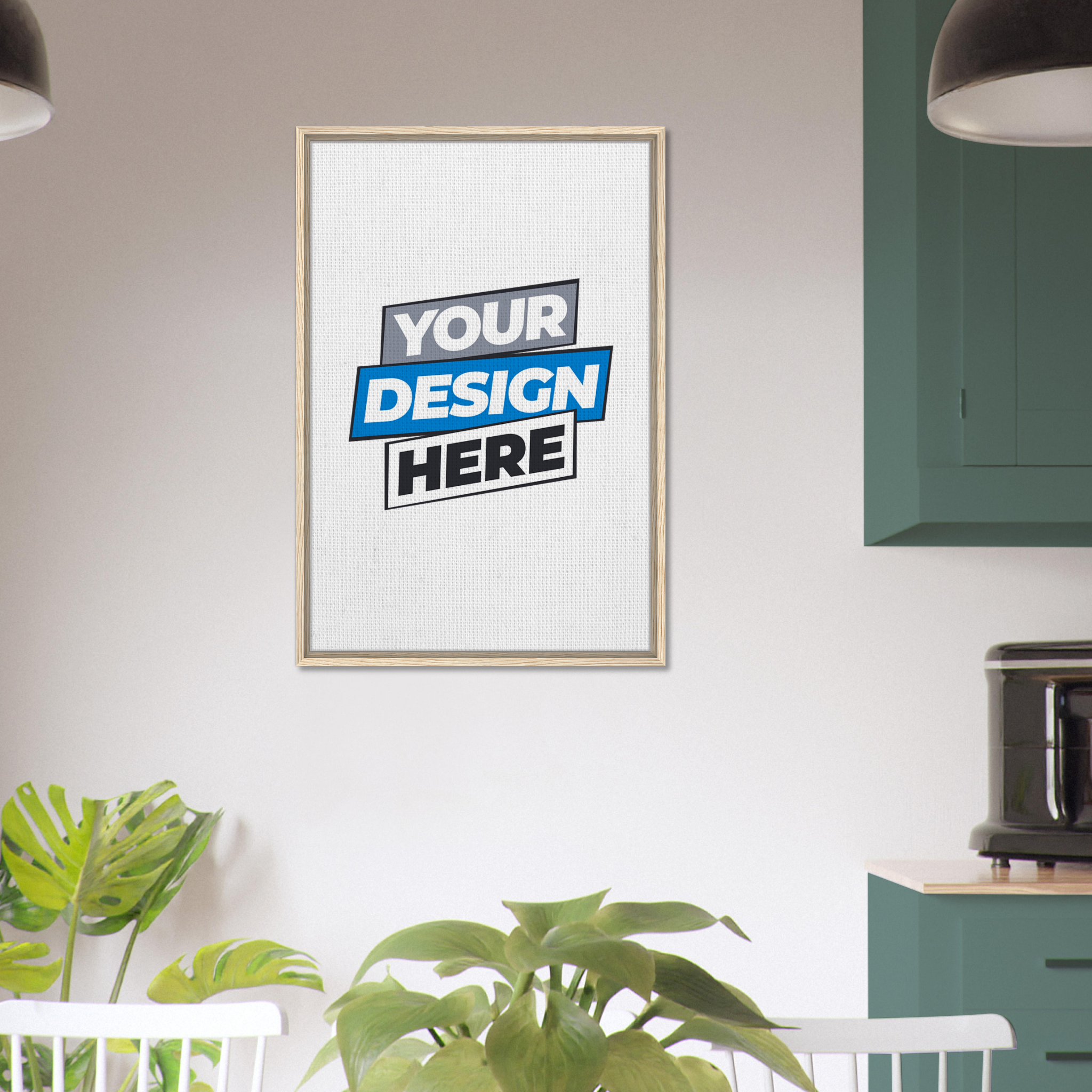 Customizable framed canvas print in a modern kitchen with natural wood frame, perfect for adding personal art to your space.