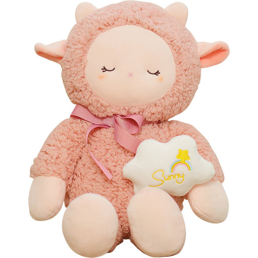 Pink lamb doll plush toy with bow and cloud decoration, made from soft wool material, perfect for hugging and gifting.