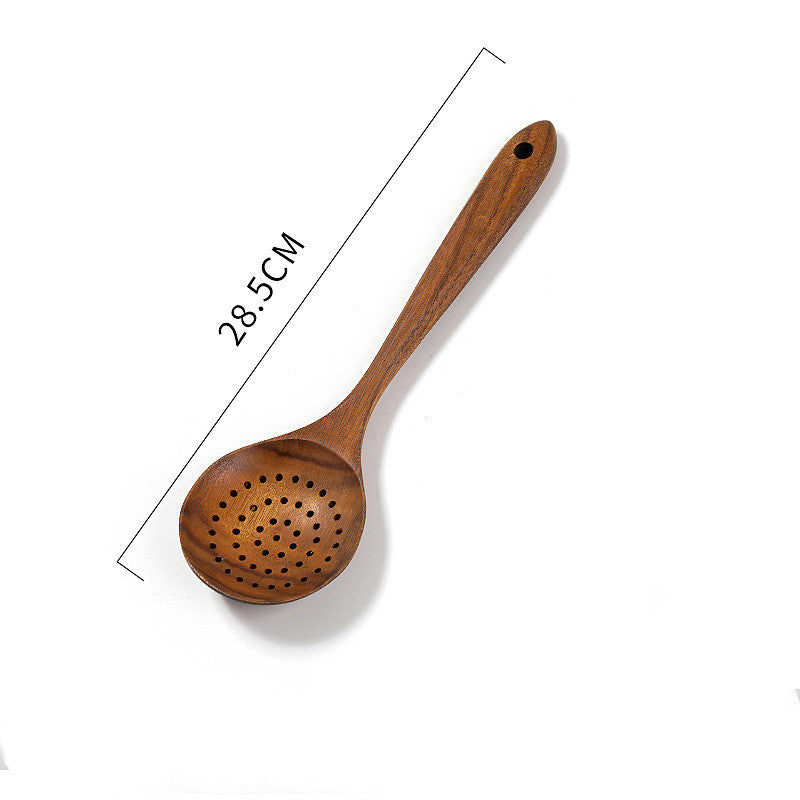 Teak Unlacquered Solid Wood Slotted Spoon with 28.5cm Handle, Ideal for Non-Stick Cookware and Stir-Fry Dishes