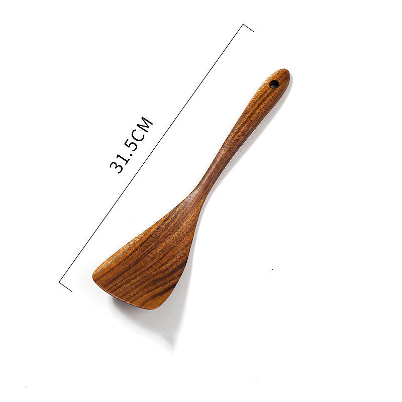 Teak unlacquered solid wood spatula for non-stick wok, 31.5cm size, ideal for stir-fry cooking.