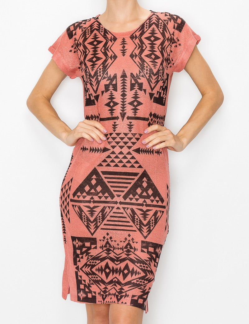 Coralia Aztec Knit Dress in coral with short sleeves and round neckline, featuring bold Aztec print for casual stylish look.