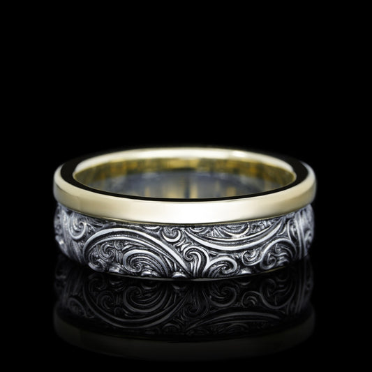 "Unbreakable Vow wedding ring featuring sterling silver with yellow gold accents and vintage-inspired black rhodium finish"