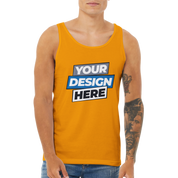Model wearing Calvoro cotton tank in orange shows "Your Design Here" print on front, ideal for custom print designs.