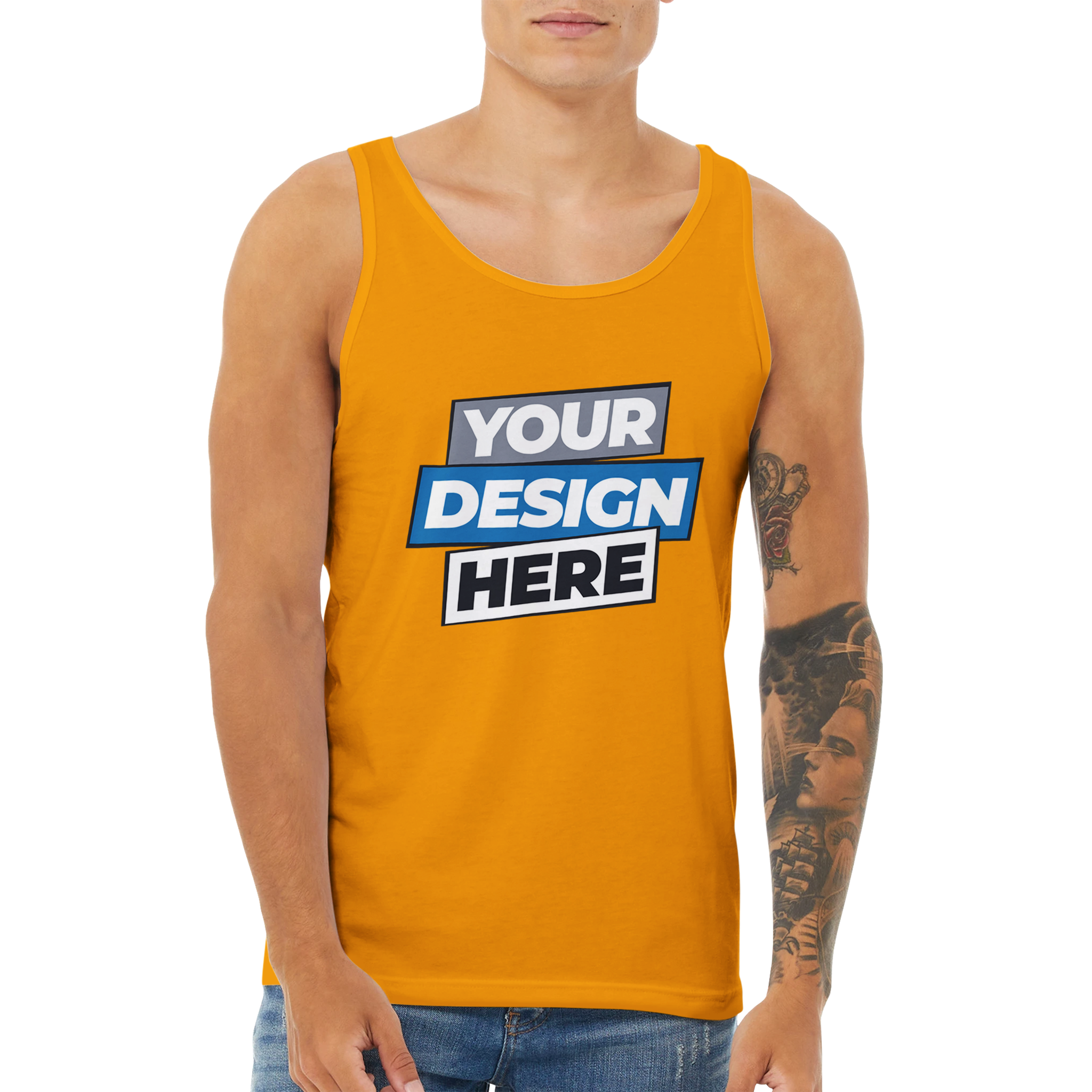 Model wearing Calvoro cotton tank in orange shows "Your Design Here" print on front, ideal for custom print designs.