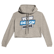 Cropped hoodie with "Your Design Here" graphic, featuring raw hem and drawcords, ideal for layering with soft fleece and cozy fit.