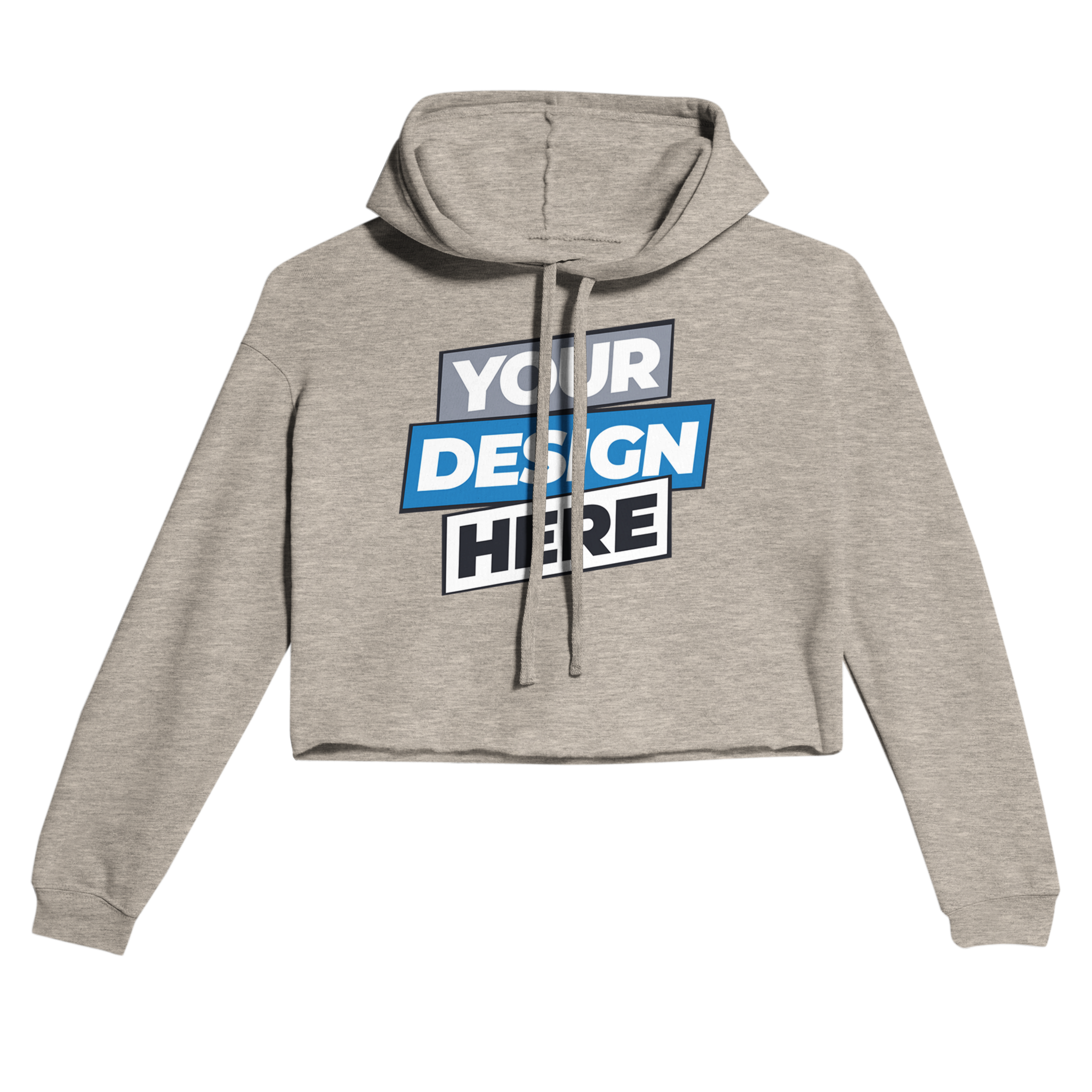 Cropped hoodie with "Your Design Here" graphic, featuring raw hem and drawcords, ideal for layering with soft fleece and cozy fit.