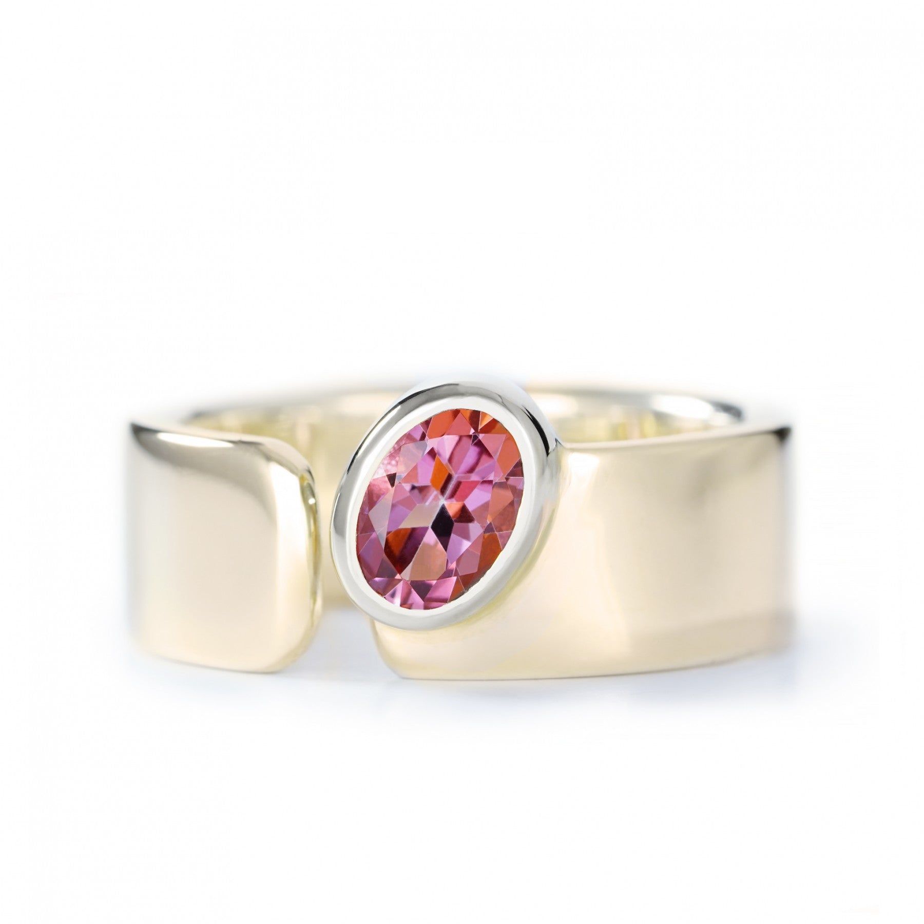 Blush Serenity ring with pink topaz set in polished 14K yellow gold band, elegant and sophisticated handcrafted jewelry.