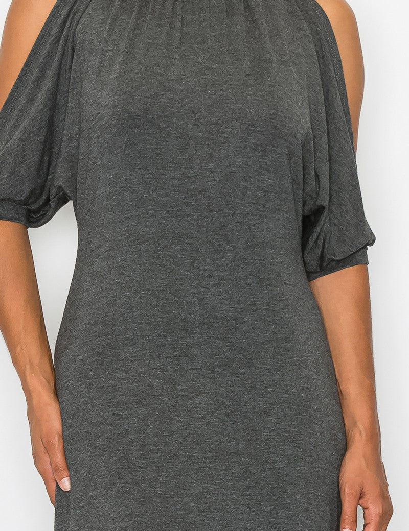 Avenelle Open-Shoulder Midi Dress in dark gray, featuring soft rayon-span jersey fabric, flutter sleeves, and subtle keyhole detail.