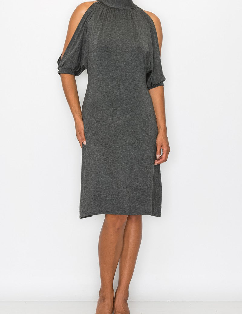 Woman wearing Avenelle Open-Shoulder Midi Dress in dark grey, showcasing soft jersey fabric, open shoulders, and flutter sleeves.