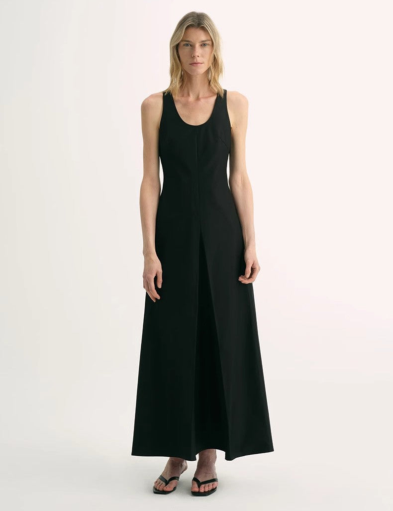 Luretta Silk-Blend U-Neck A-Line Dress in black showcasing modern A-line silhouette with smooth, breathable fabric and elegant neckline.