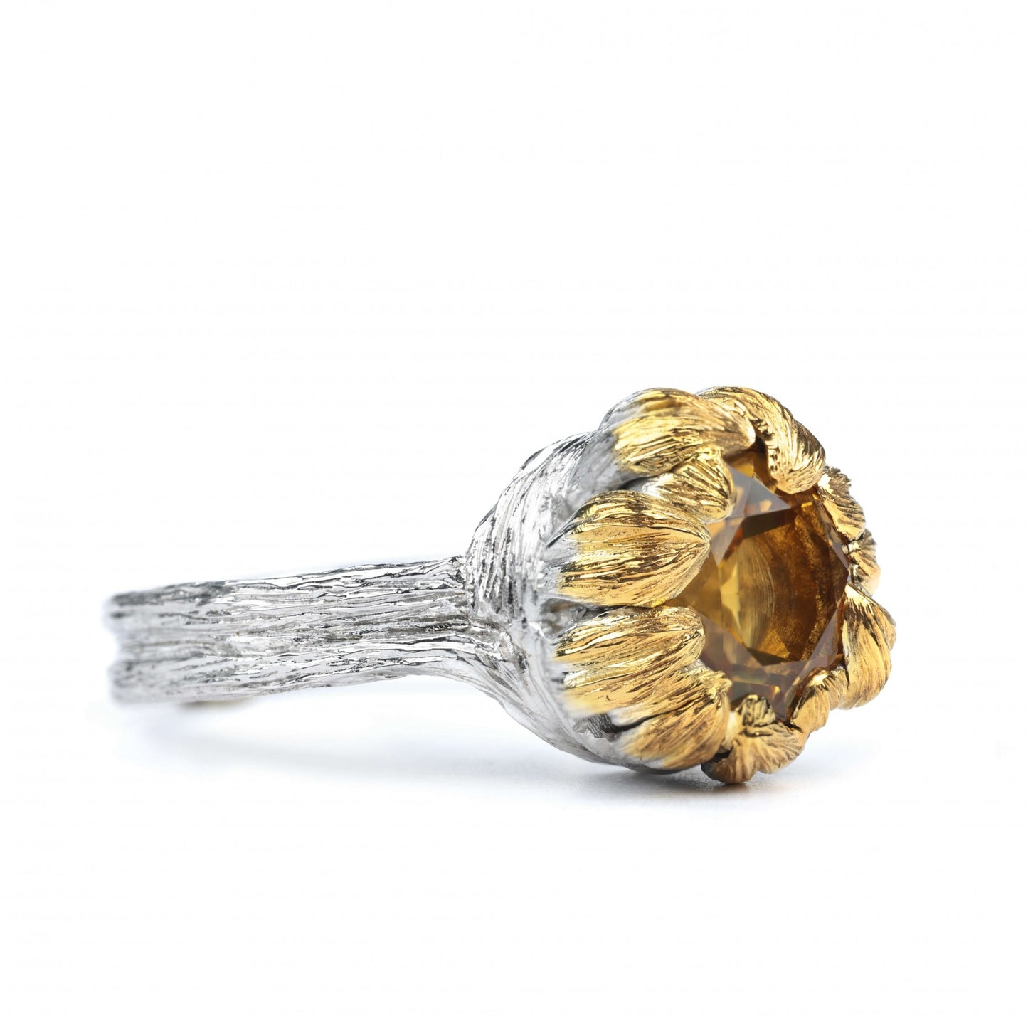 Golden Blossom ring with citrine center, sterling silver, gilded petals design, nature-inspired elegance.