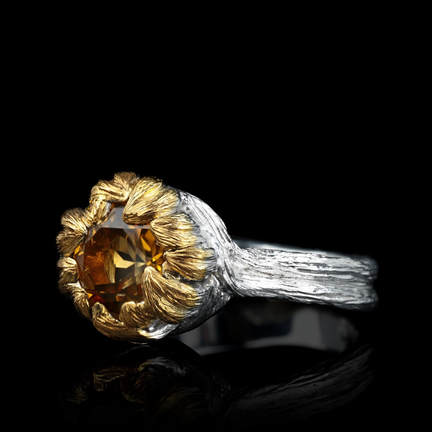 Golden Blossom Ring with citrine gemstone, sterling silver petals, white rhodium, gilding, nature-inspired jewelry design.