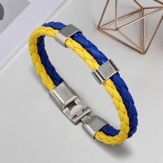 Multi-layer Woven Leather Bracelet in Ukrainian Flag Colors, Blue and Yellow, Unisex Geometric Design, Handmade