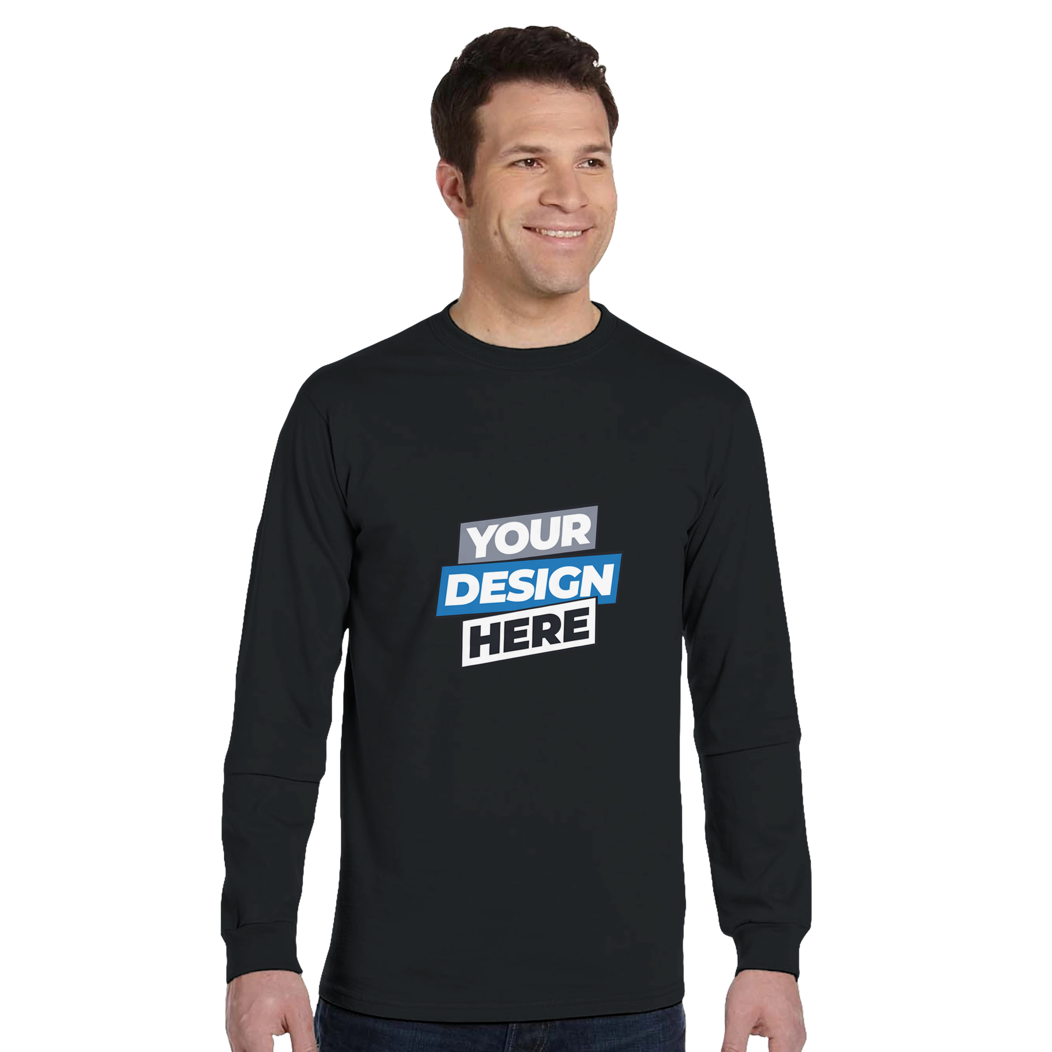 Organic unisex long-sleeve t-shirt in black, customizable design on front, made from eco-friendly 5.5 oz organic cotton by Econscious.