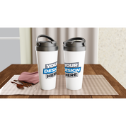 Two 15oz stainless steel travel mugs with customizable design on a checkered tablecloth, featuring leak-proof lids.