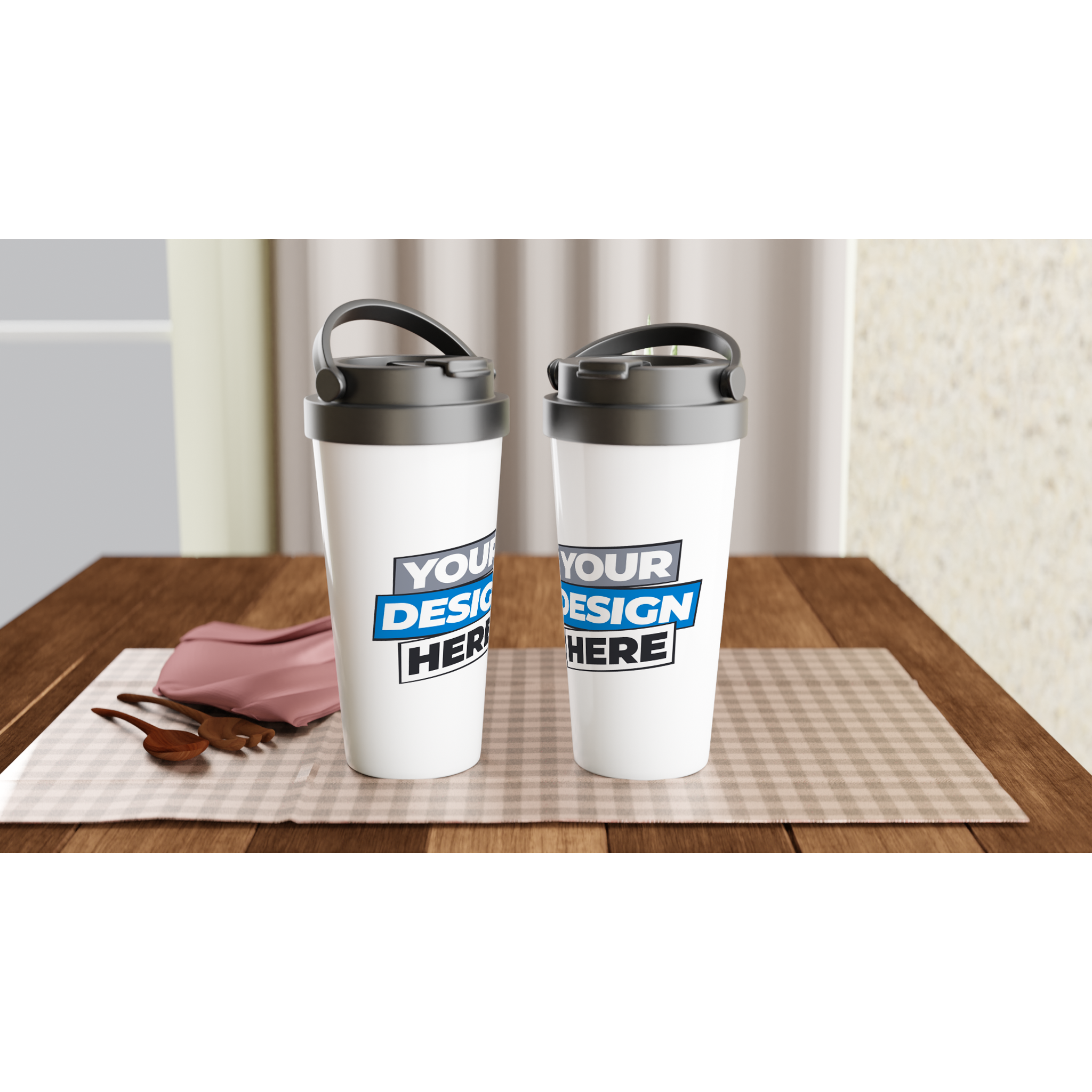 Two 15oz stainless steel travel mugs with customizable design on a checkered tablecloth, featuring leak-proof lids.
