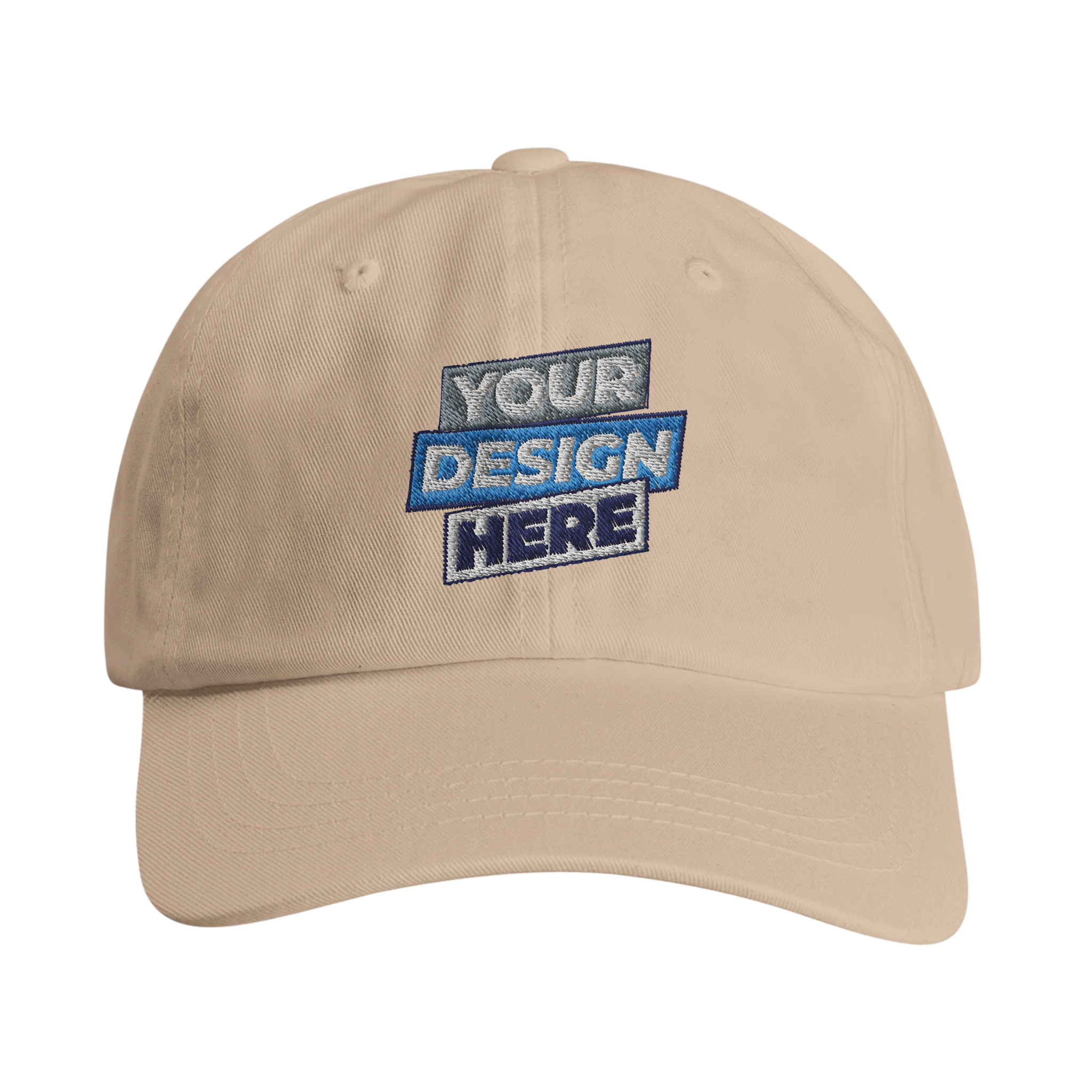 Beige Larnyx cotton dad cap with customizable design, featuring a low-profile structure and adjustable brass buckle for comfort and style.
