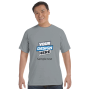 Man wearing Durmor heavyweight t-shirt with custom design display, showcasing soft, structured crewneck made from 100% US-grown cotton.