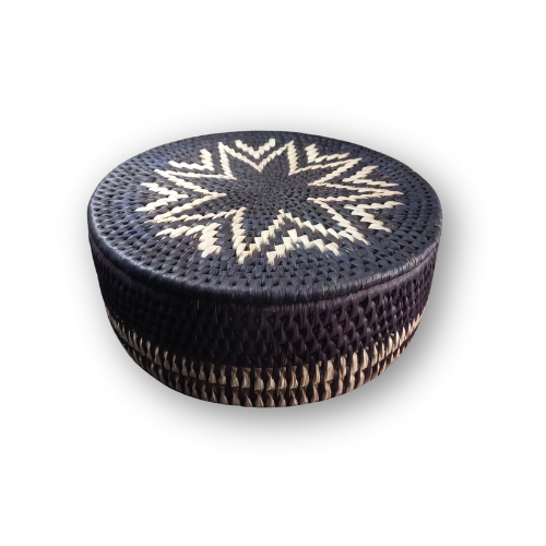 Handwoven Norya basket made from palm leaf with fitted lid, showcasing intricate traditional weave pattern for stylish storage.