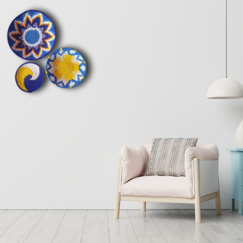Boho wall art set with Ukrainian symbolism in blue, yellow, white geometric motifs, displayed in modern room setting.