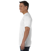 Side view of a person wearing a white Durmor heavyweight crewneck T-shirt made from 100% US-grown ring-spun cotton.