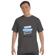 Man wearing a print on demand Durmor heavyweight t-shirt with customizable design, crewneck style, made from 100% US-grown cotton.