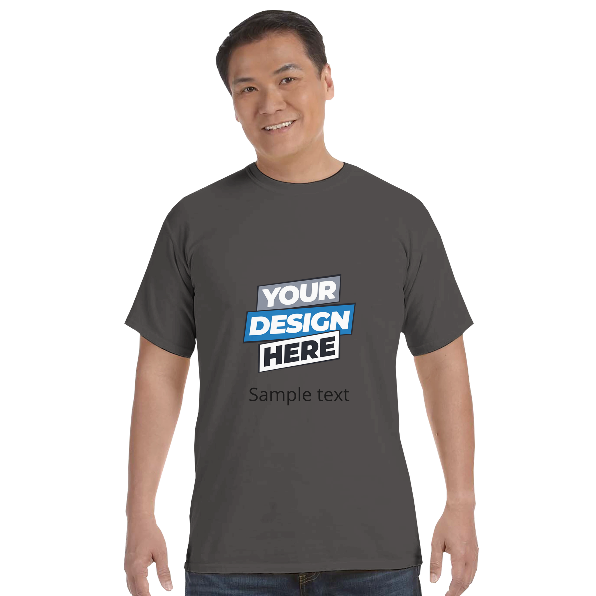Man wearing a print on demand Durmor heavyweight t-shirt with customizable design, crewneck style, made from 100% US-grown cotton.