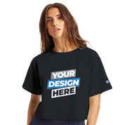 Women wearing Virelle Cropped Cotton Tee in black with customizable design, featuring relaxed fit and ribbed collar for streetwear style.