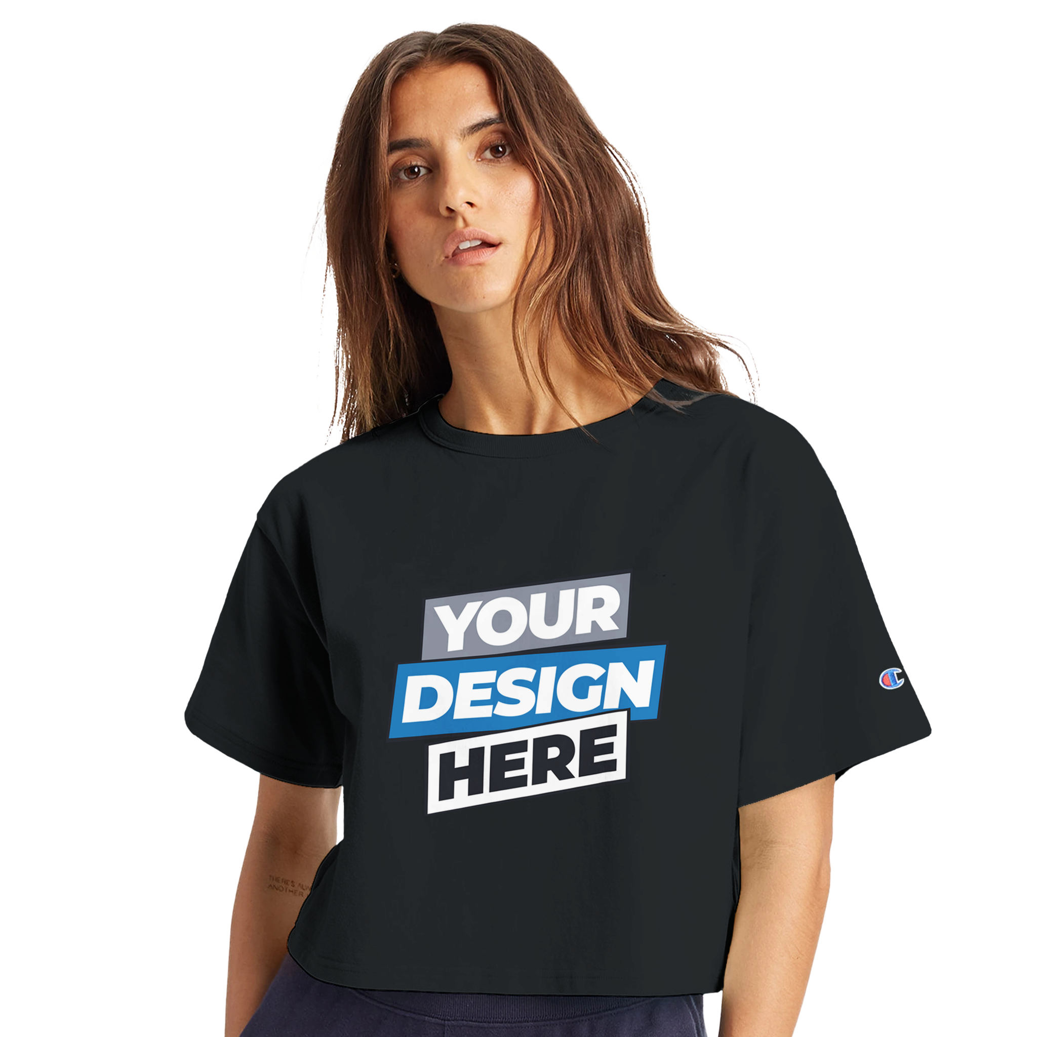 Women wearing Virelle Cropped Cotton Tee in black with customizable design, featuring relaxed fit and ribbed collar for streetwear style.