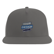 Gray flat bill cap with customizable design option, crafted from durable cotton twill. Features a structured five-panel design and snapback closure.