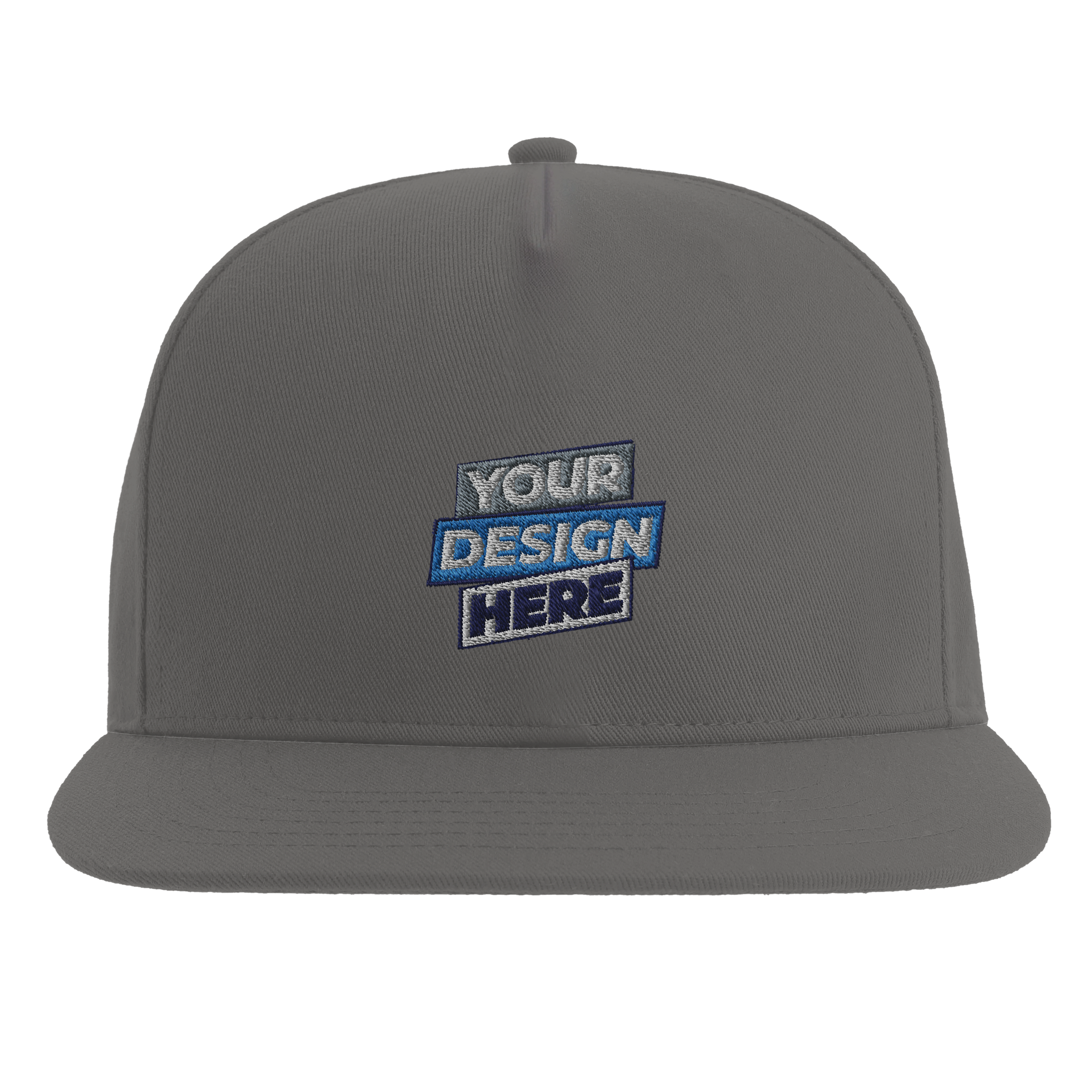 Gray flat bill cap with customizable design option, crafted from durable cotton twill. Features a structured five-panel design and snapback closure.