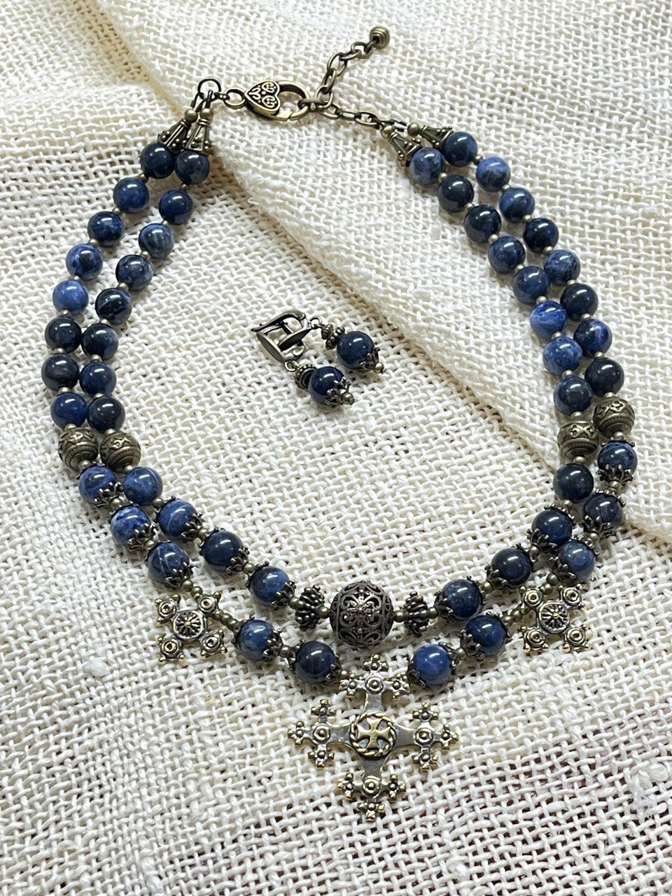 2025 Blue Ukrainian Necklace 'Magic of the Night' with sodalite stones and bronze accents, handcrafted ethnic jewelry.