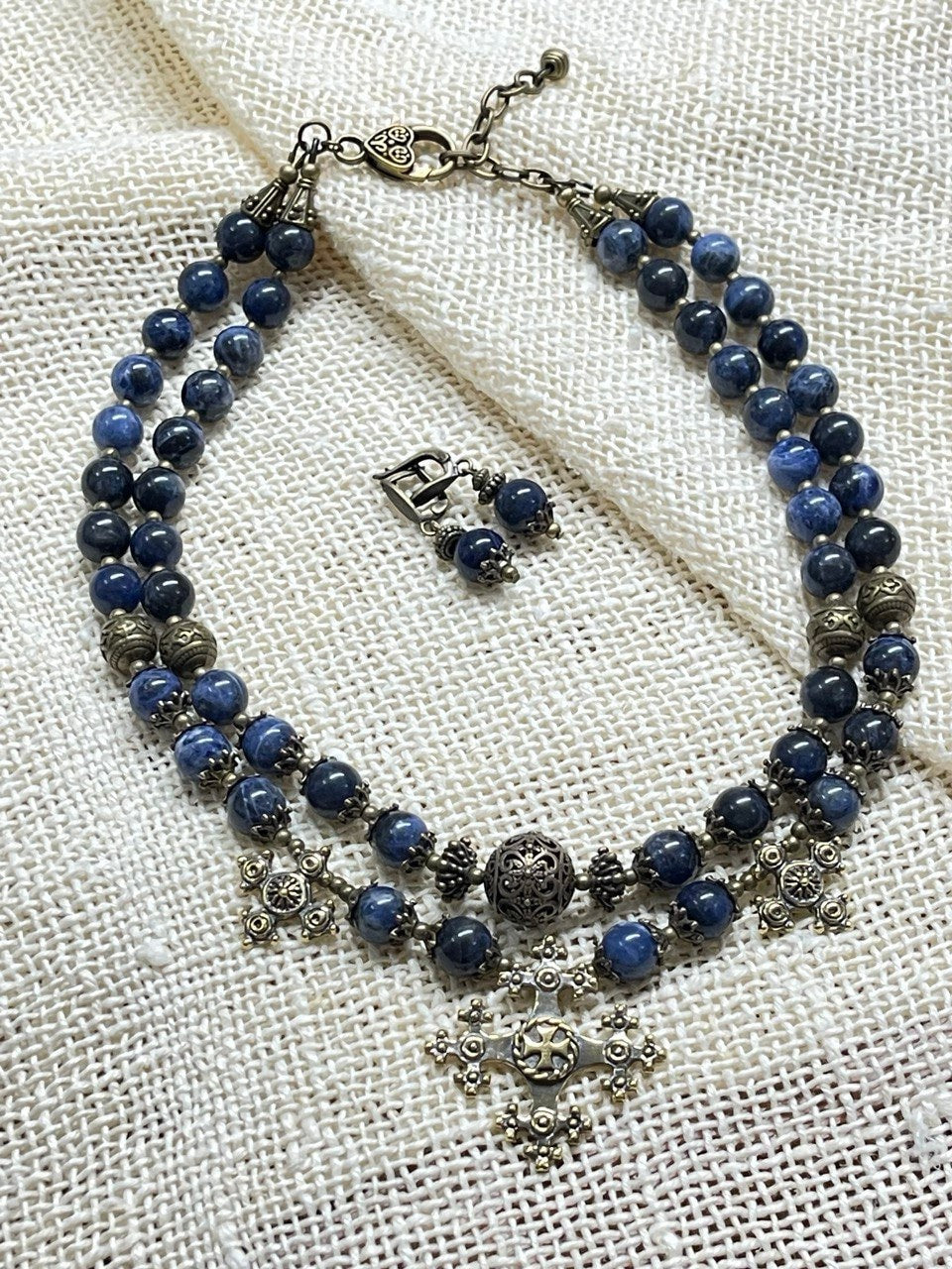 2025 Blue Ukrainian necklace with sodalite beads and bronze accents, ethnic multilayer design, handcrafted jewelry.