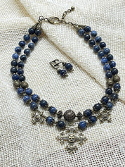 2025 Blue Ukrainian necklace with sodalite beads and bronze accents, ethnic multilayer design, handcrafted jewelry.