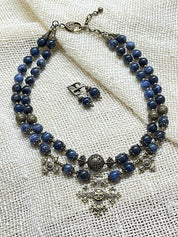 Multilayer Ethnic Necklace "Magic of the Night" with Sodalite, Bronze Accents, Ukrainian Handmade Jewelry on Display