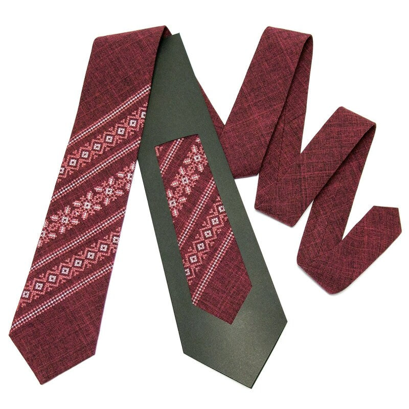 Burgundy embroidered necktie for men, featuring Ukrainian folk design, ideal for formal events and gifts.