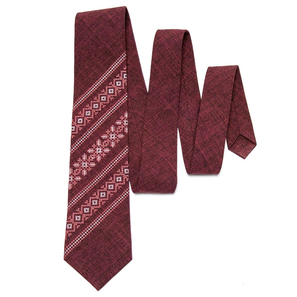 2025 Burgundy embroidered necktie with Ukrainian folk design, perfect for men, formal events, or as an elegant gift for him.