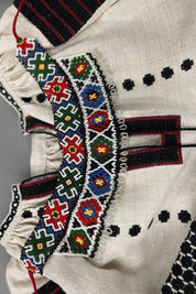 Handmade Ukrainian Sylyanka necklace with vibrant Czech seed bead patterns, showcasing geometric and floral motifs on fabric.