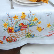 Ukrainian Easter tablecloth with embroidered eggs and flowers, 140x140 cm, perfect for festive table décor and gifts.