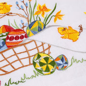 Linen tablecloth with vibrant Ukrainian Easter embroidery featuring eggs, chick, and flowers, 140x140 cm.