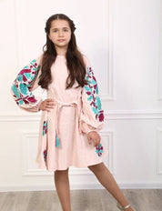 2025 pink linen embroidered dress for girls, Ukrainian boho style vyshyvanka with belt and folk-style embroidery.