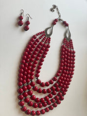 2025 Red Handmade Ukrainian Necklace with Pressed Coral Beads and Earrings, Traditional Hutsul Ethnic Jewelry