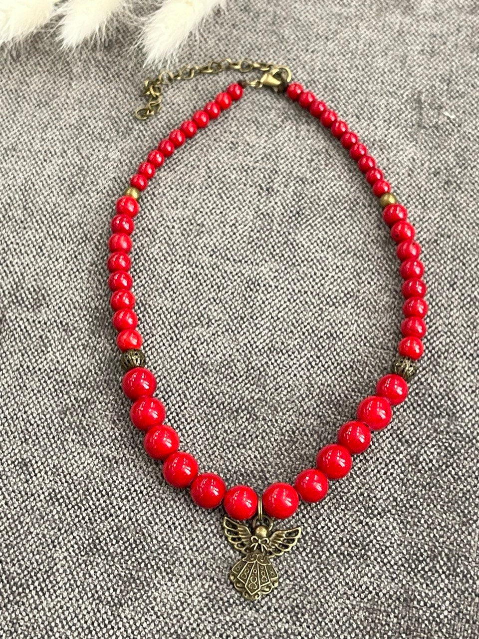 2025 red Hutsul necklace with pressed coral beads and angel pendant, Ukrainian handmade jewelry, cultural gift for her.