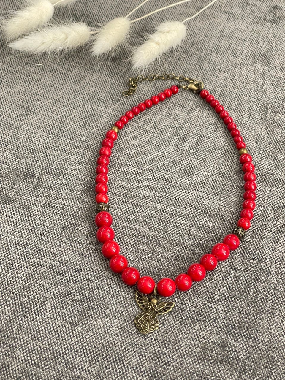 2025 Red Hutsul Necklace with Angel Pendant, Ukrainian Handmade Jewelry, Pressed Coral Beads, Ethnic Gift for Her