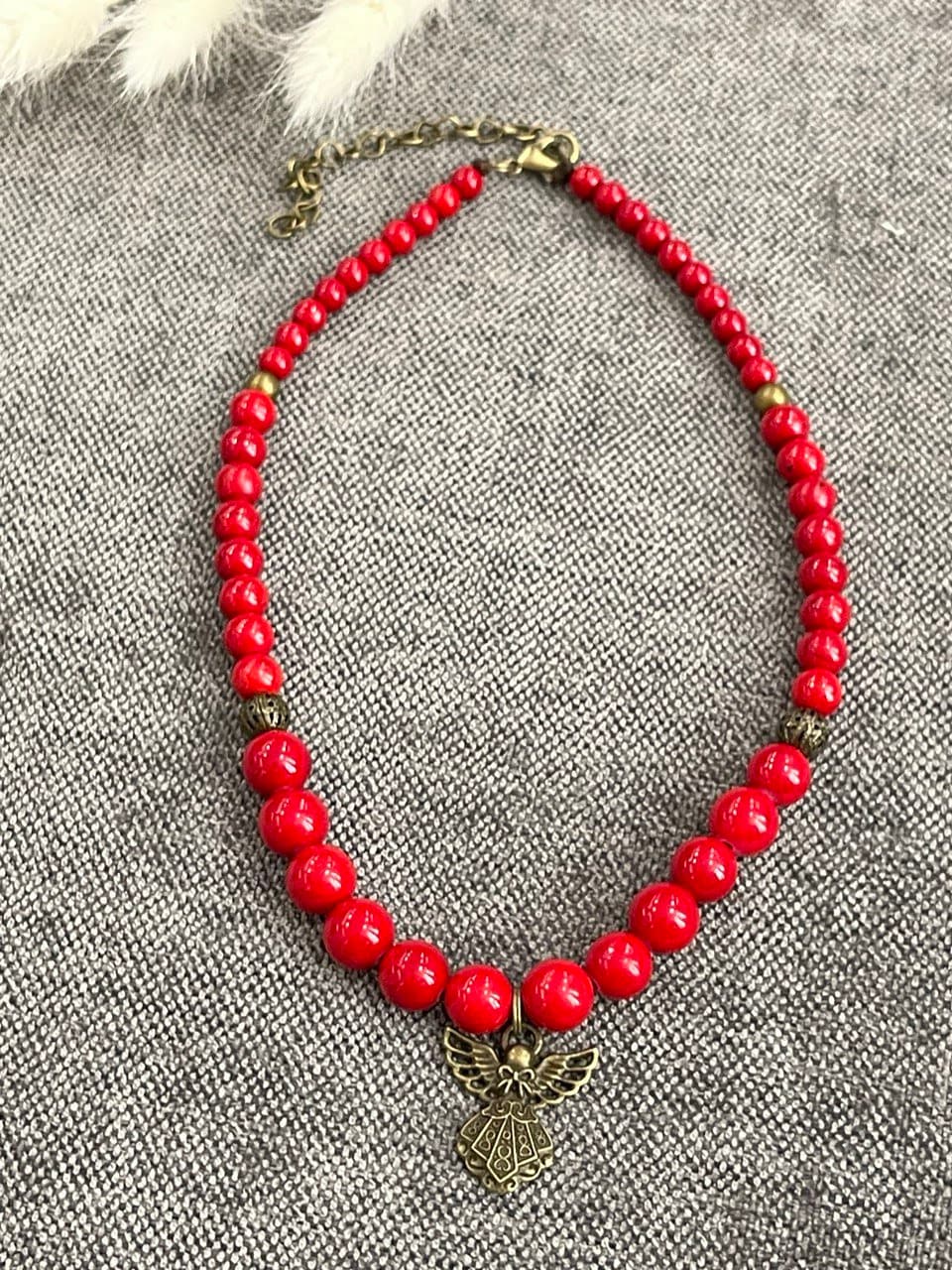 2025 Red Hutsul Necklace with Angel Pendant, pressed coral beads, Ukrainian handmade jewelry, cultural gift for her