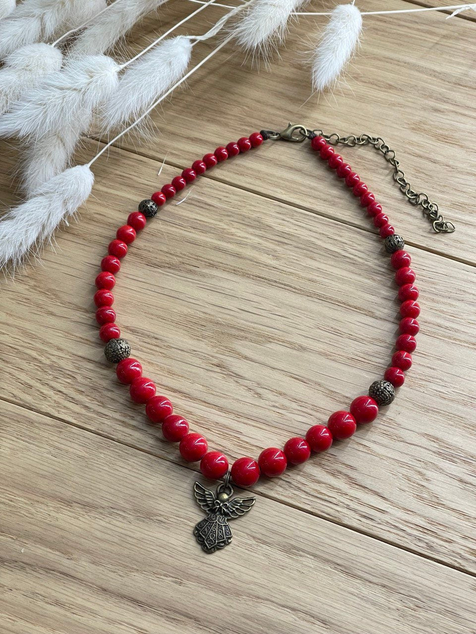 2025 Red Hutsul Necklace with Angel Pendant, Ukrainian Handmade Jewelry in Pressed Coral Beads, Gift for Her