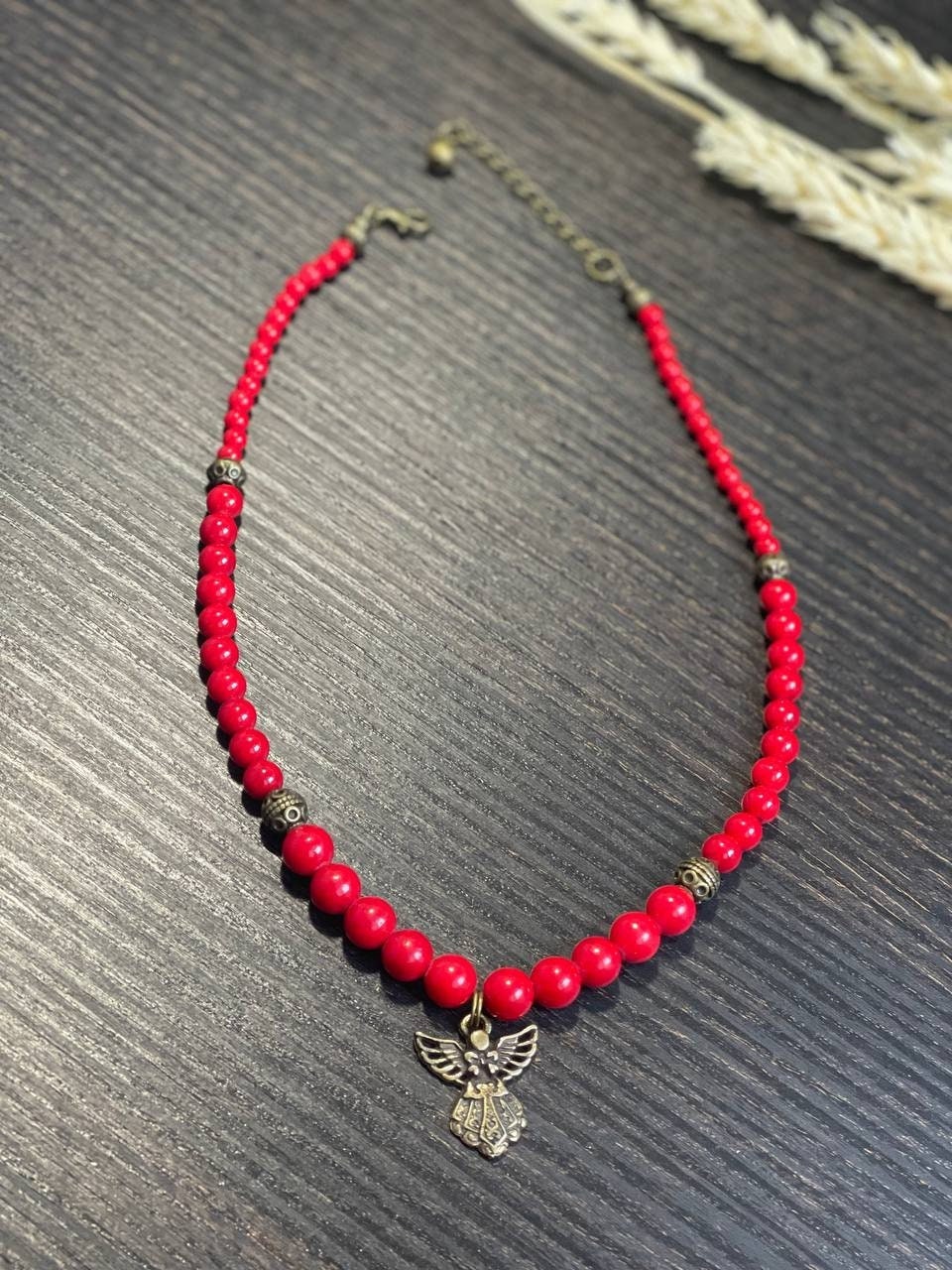 2025 Red Hutsul Necklace with Angel Pendant featuring pressed coral beads, Ukrainian handmade jewelry, perfect gift for her.