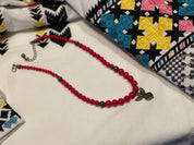2025 Red Hutsul Necklace with Angel Pendant on traditional embroidered fabric, pressed coral beads, Ukrainian handmade jewelry.