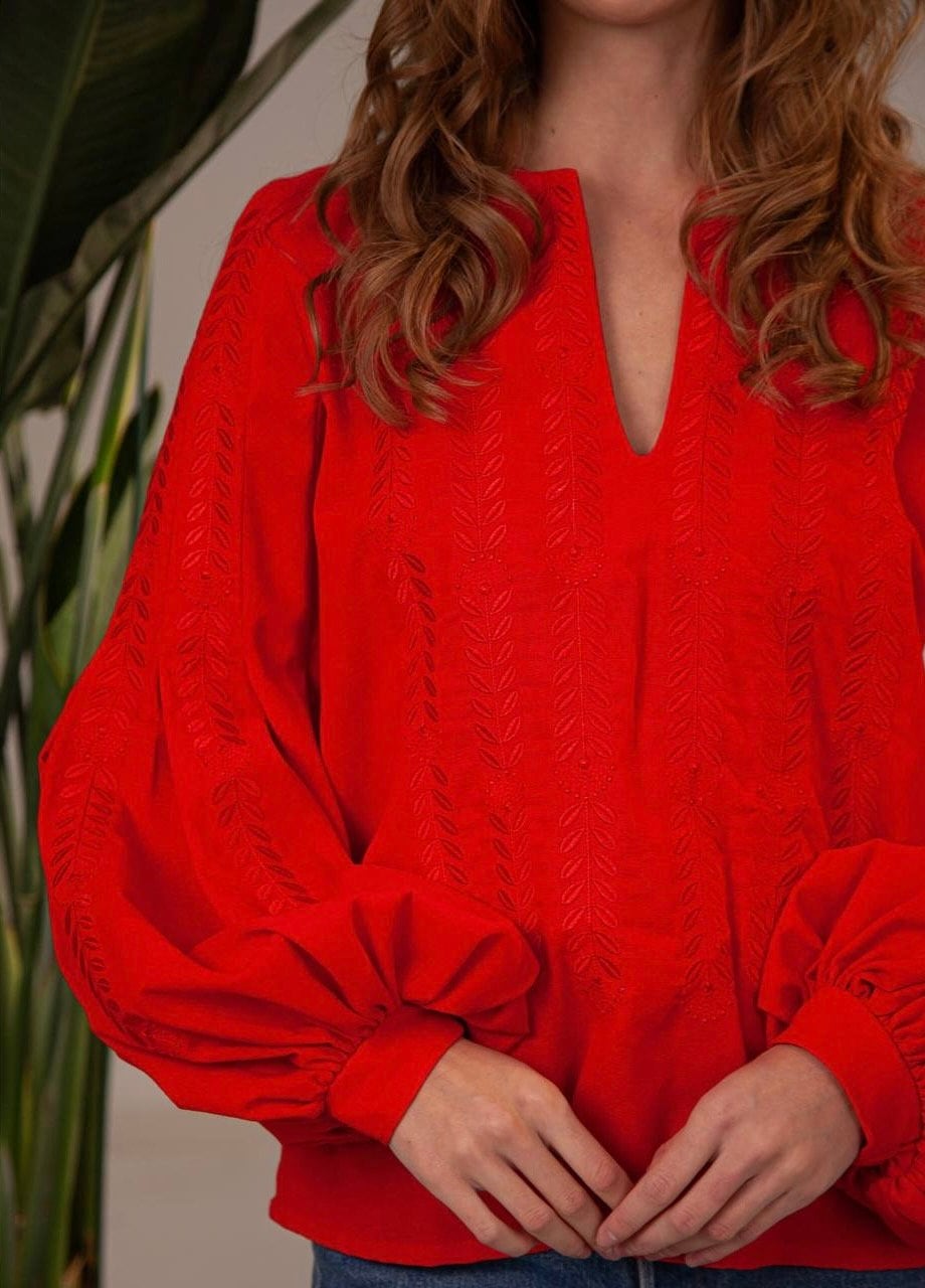 Red linen embroidered blouse in Ukrainian Vyshyvanka style with boho flair, featuring intricate folk designs, perfect gift for her.